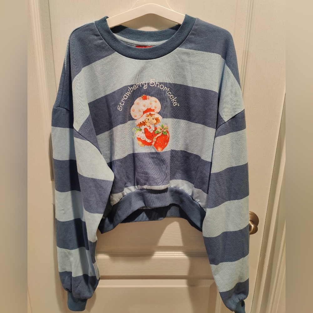 Strawberry Shortcake Blue Striped Crop Top Loose Crew Neck Sweater